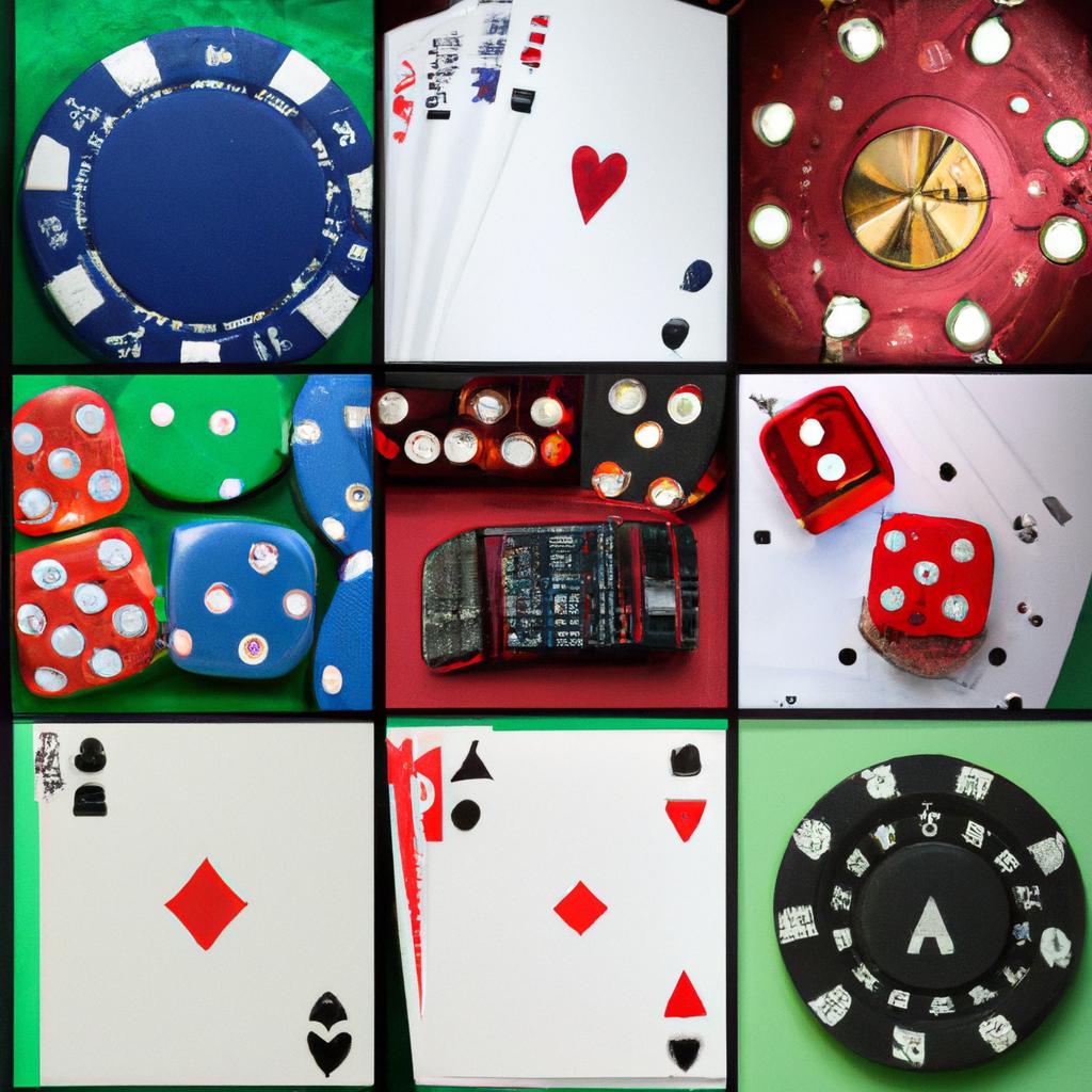 Hình ghép của các biểu tượng trò chơi bài khác nhau, bao gồm chip poker, bài chơi và xúc xắc.